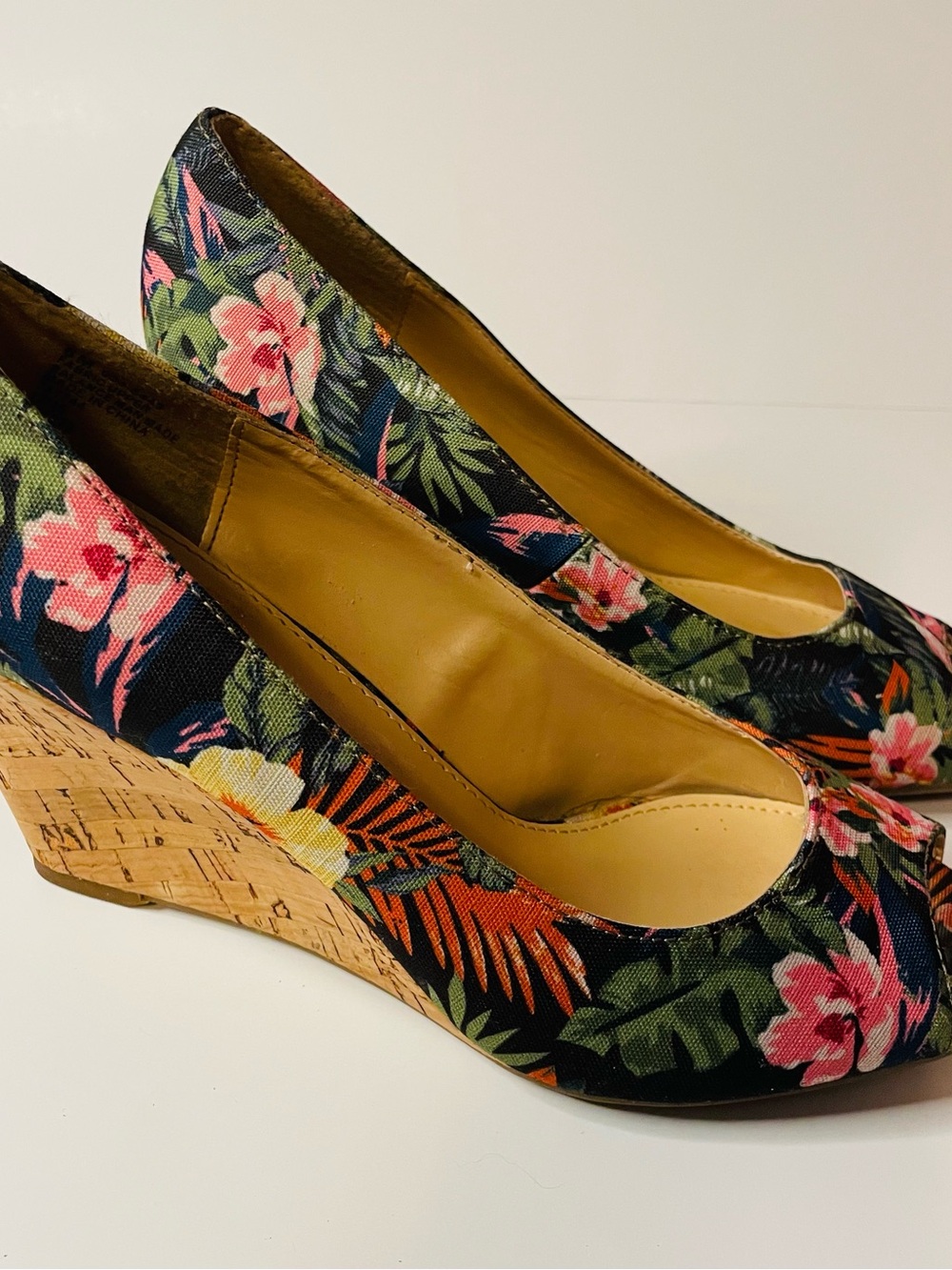 Liz Claiborne Floral Canvas Peep-Toe Wedges - Navy, Pink & Green